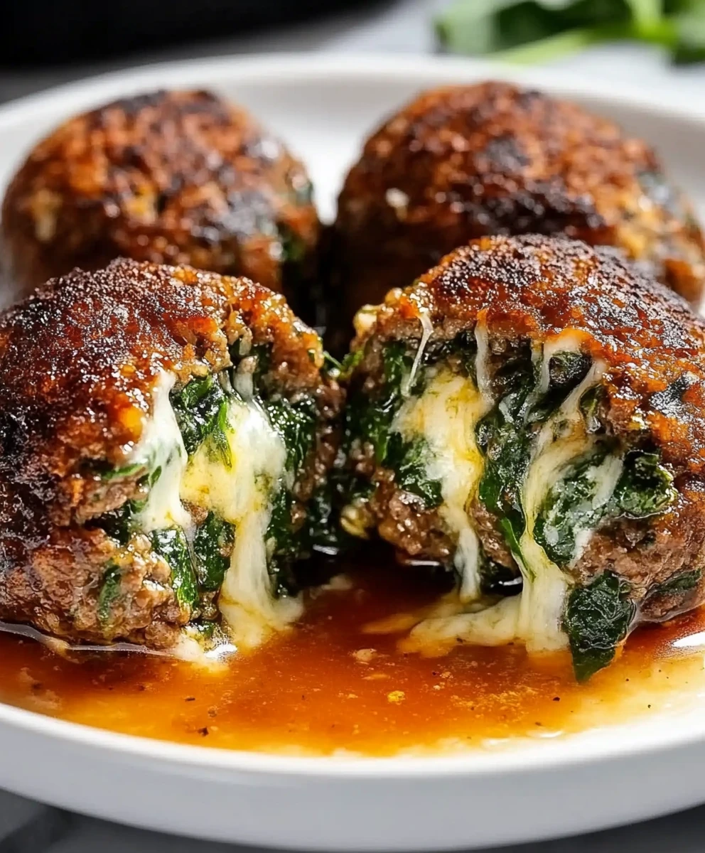 Spinach Garlic Meatballs Stuffed with Mozzarella 